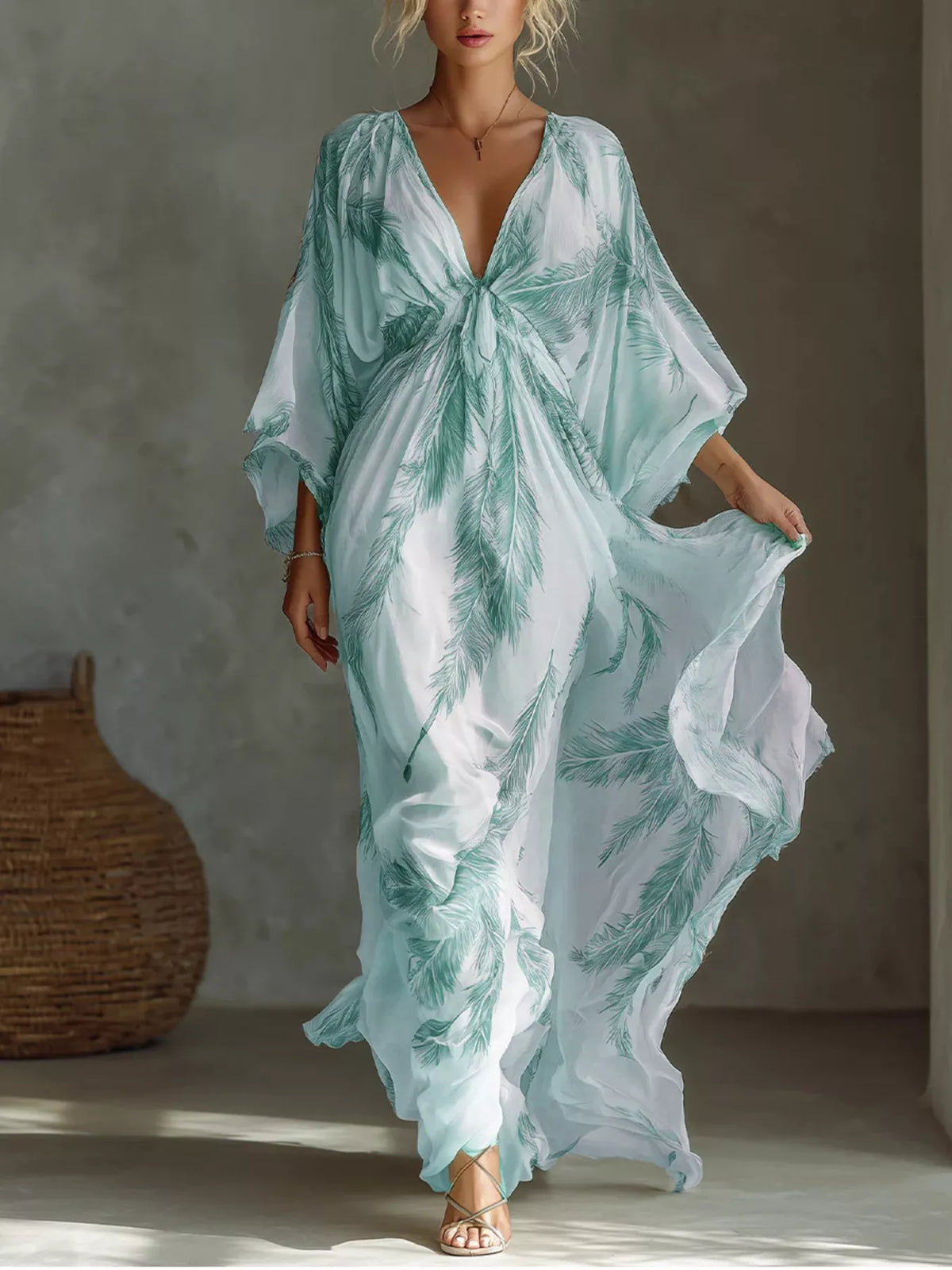 Feather Print V-Neck Flowy Maxi Dress