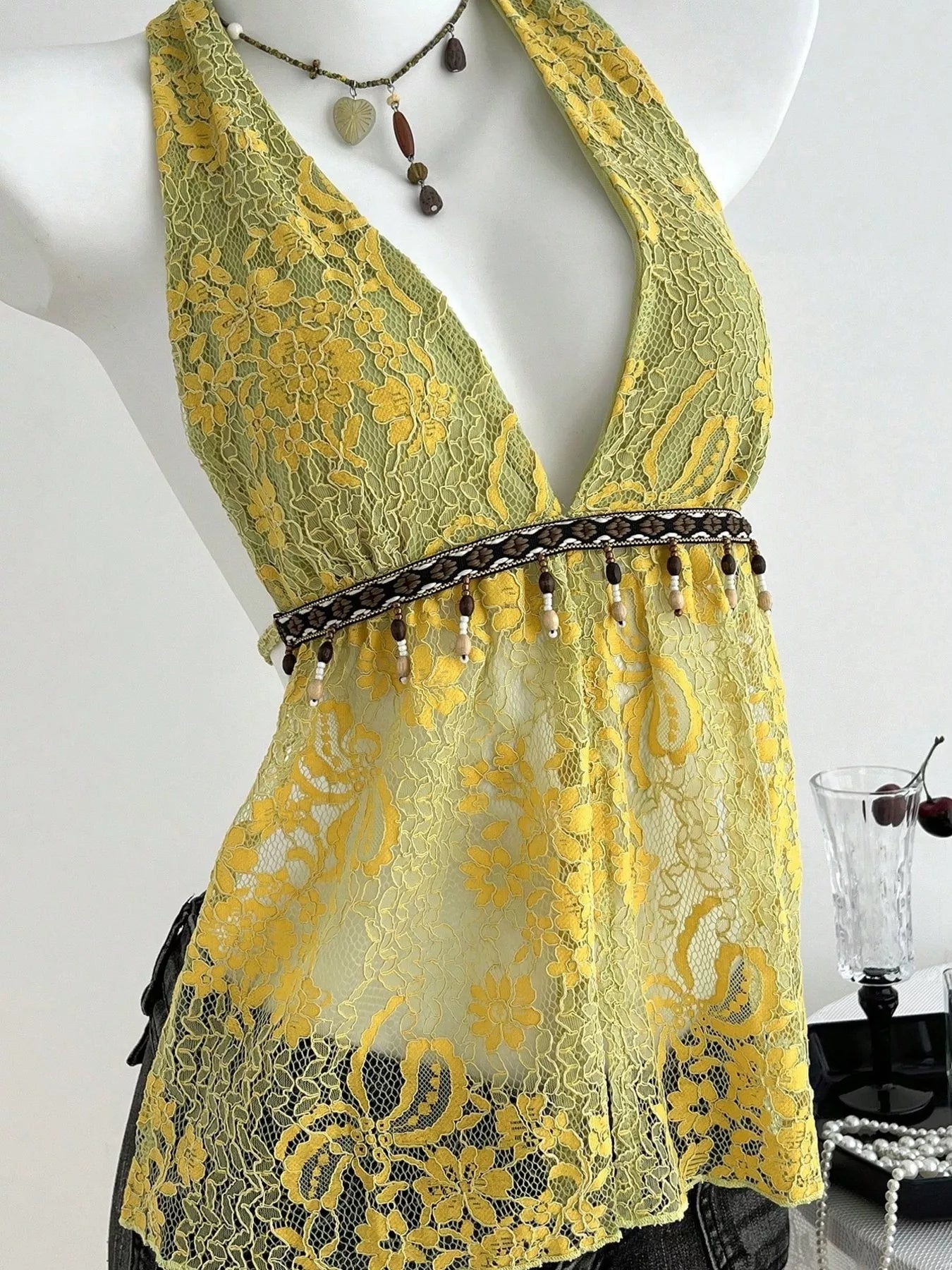 Lace Halter Neck Cami in Mustard Yellow