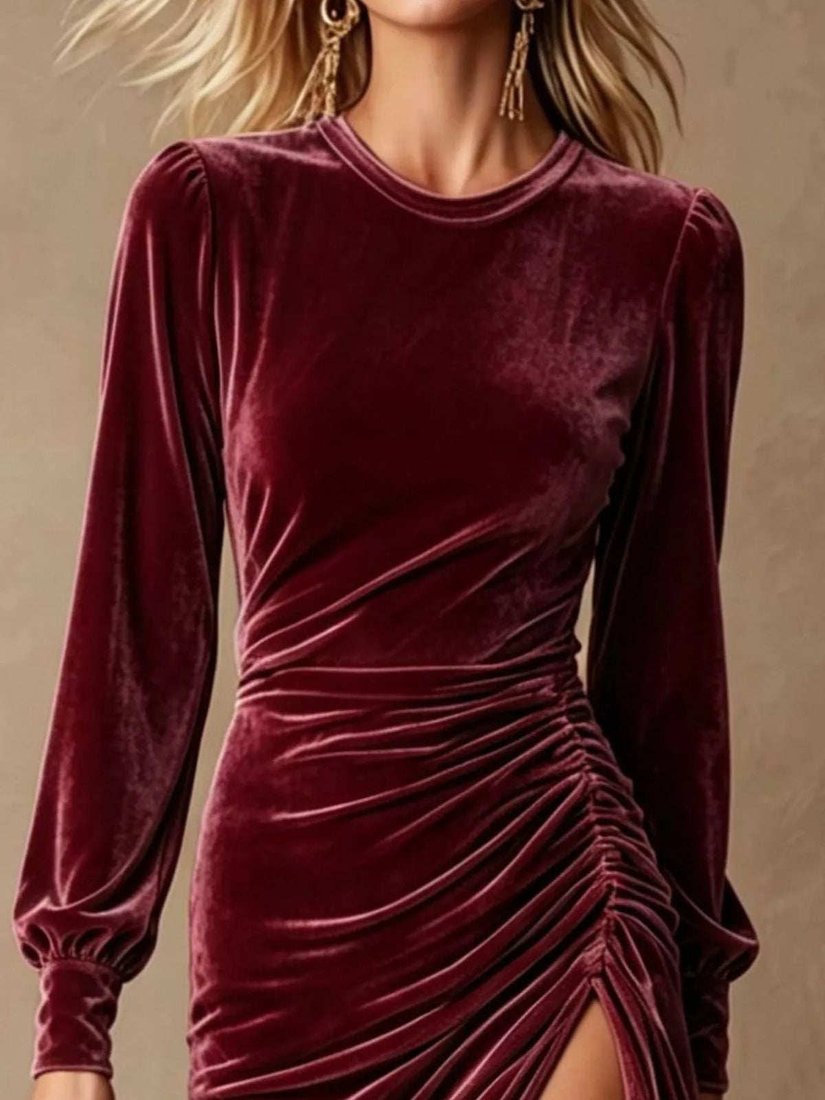 Velvet Ruched Long-Sleeve Slit Dress