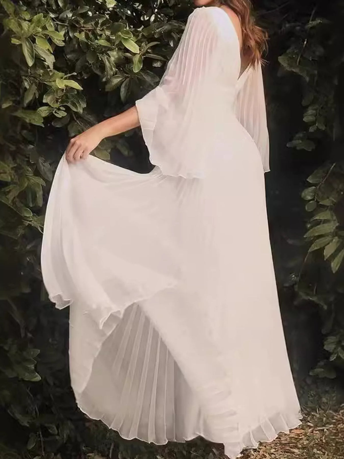 Sheer Pleated V-Neck Maxi Dress