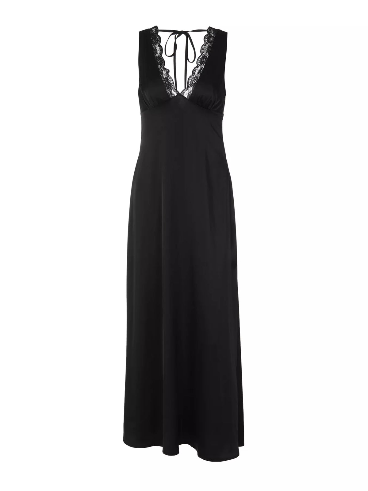 Lace Trim V-Neck Sleeveless Maxi Dress in Black