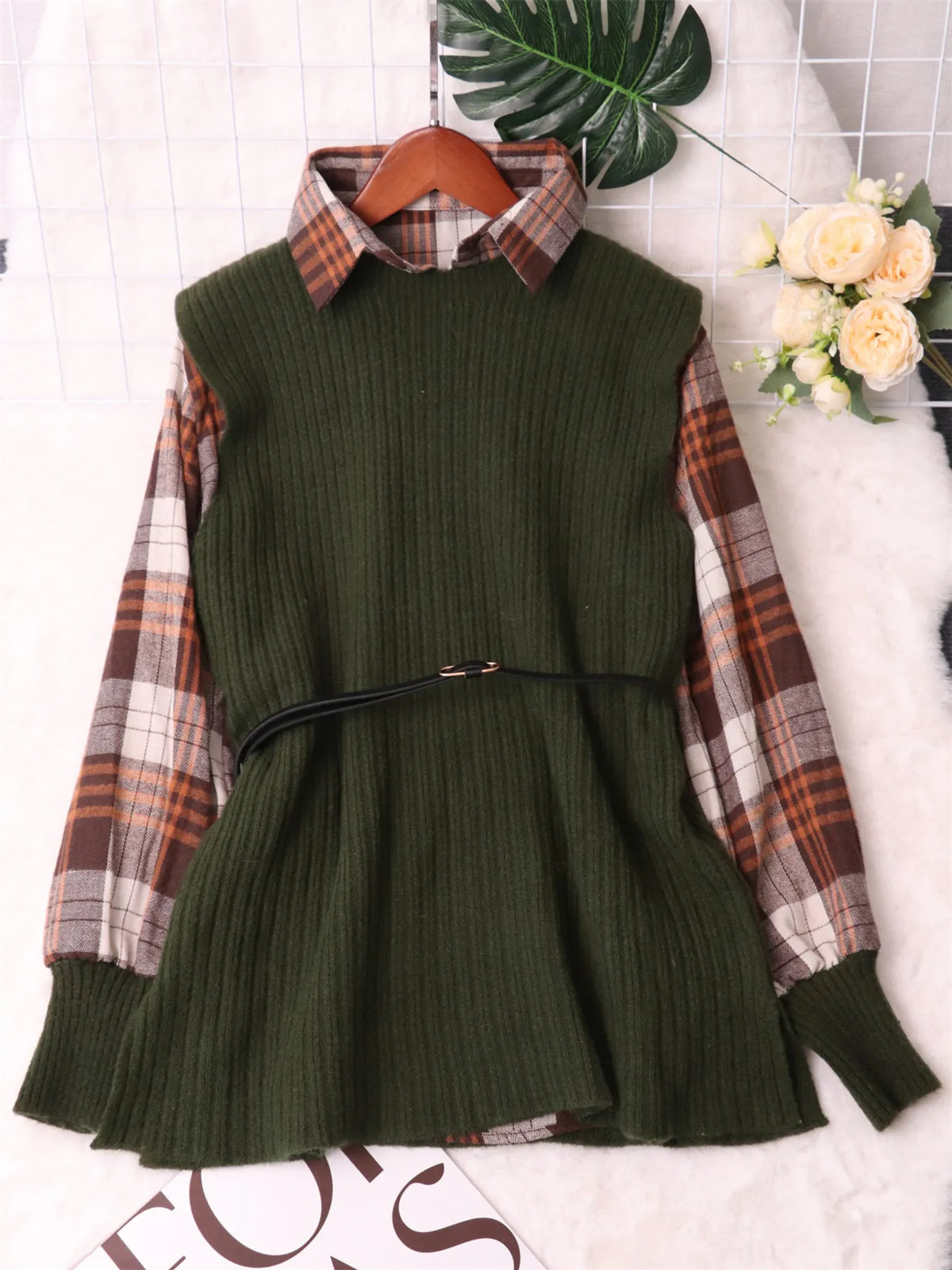 Plaid Long Sleeve Belted Sweater Dress