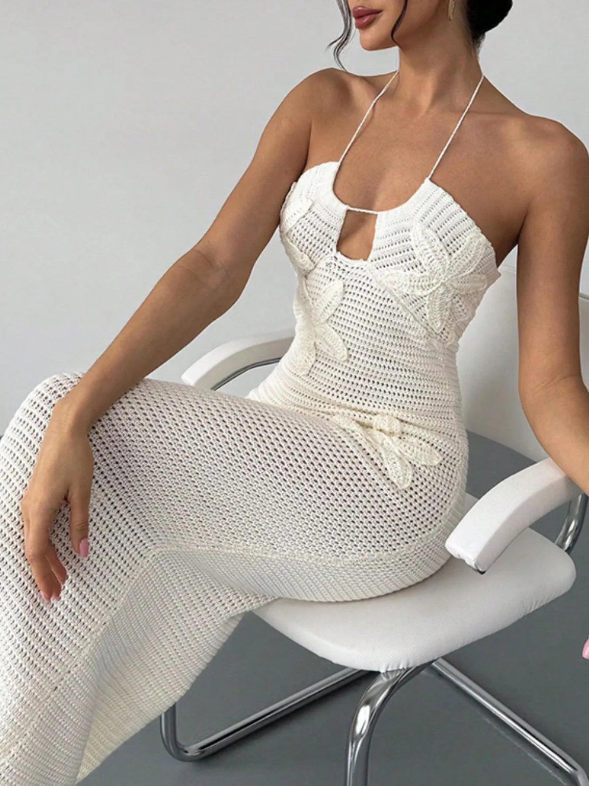 Crochet Backless Midi Dress in White