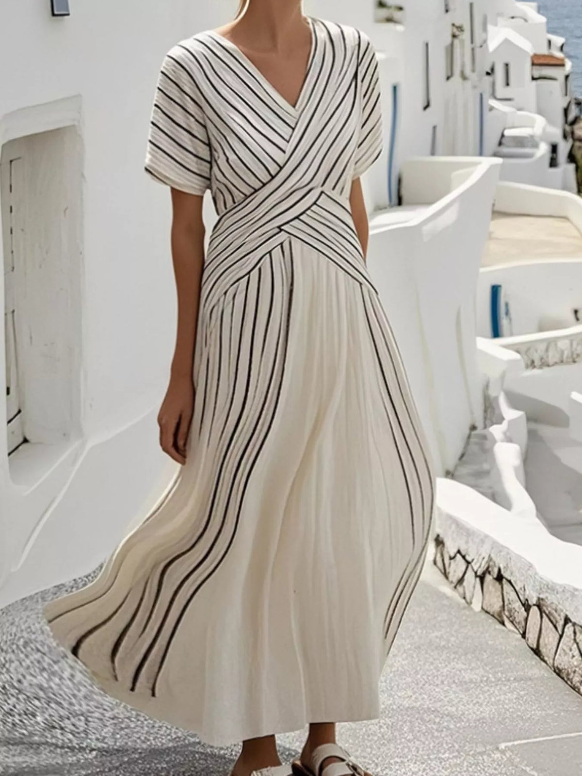 Striped Wrap Maxi Dress in Beige