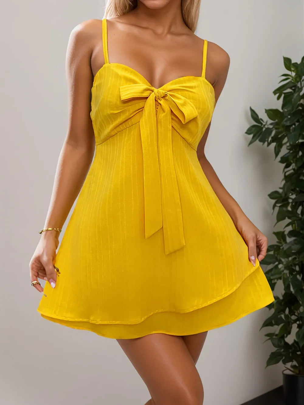 Layered Sweetheart Bow-Front Cami Dress in Gold