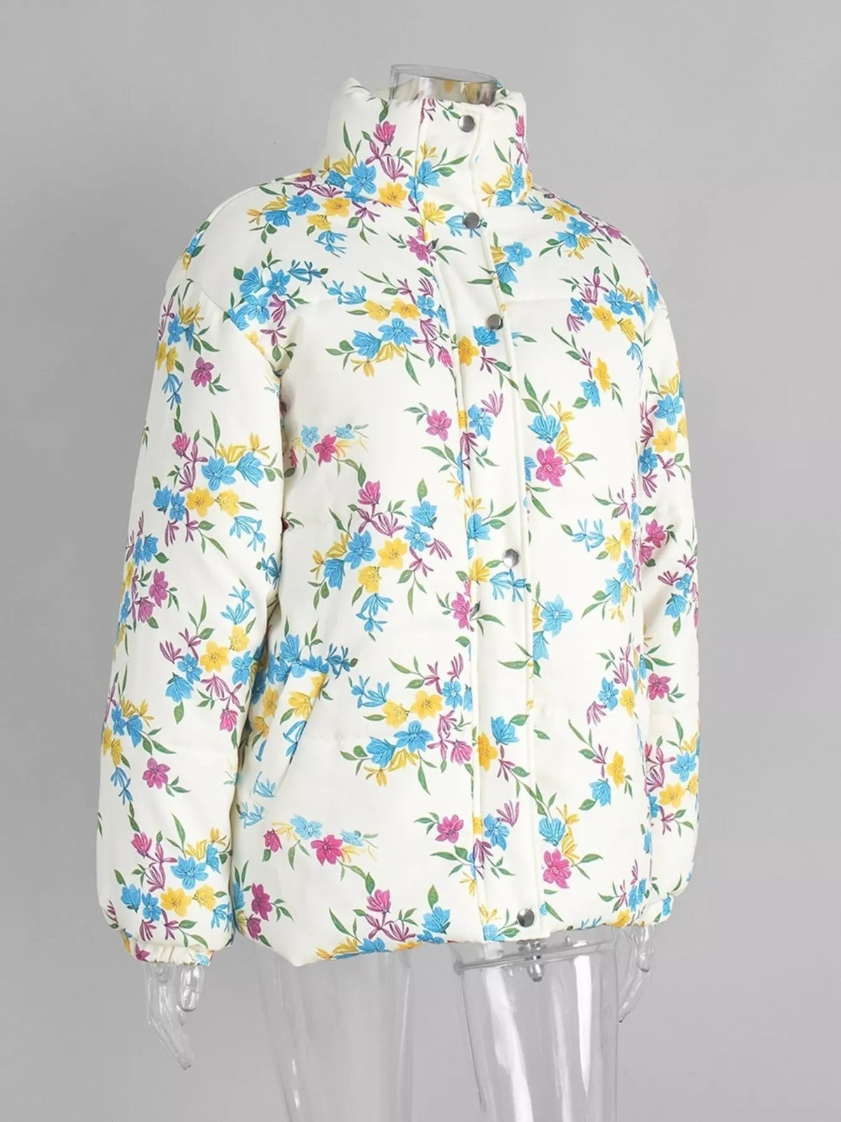 Floral Print Puffer Jacket in White by Prisca