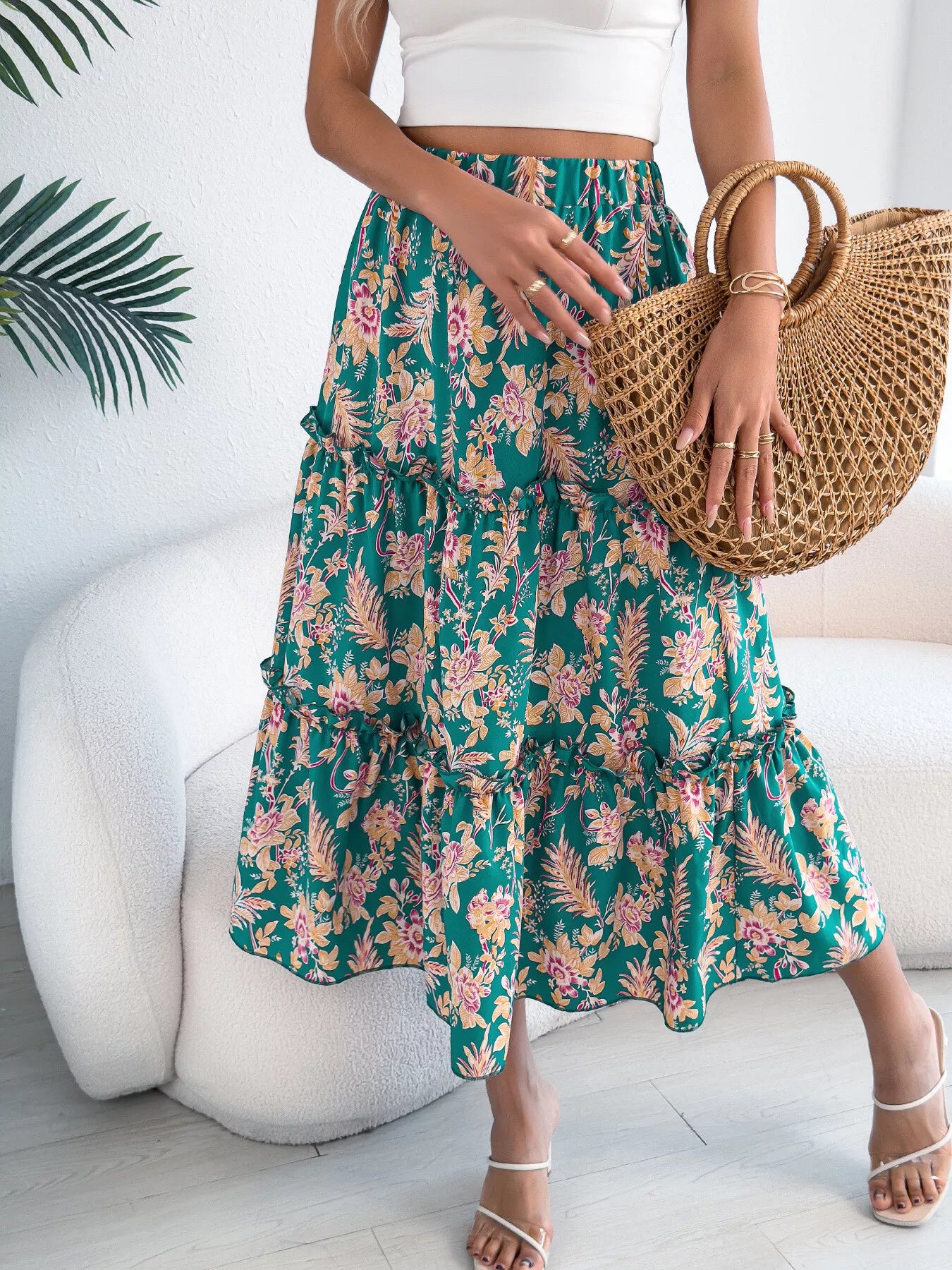 Floral Ruffle Hem Flowy Midi Skirt