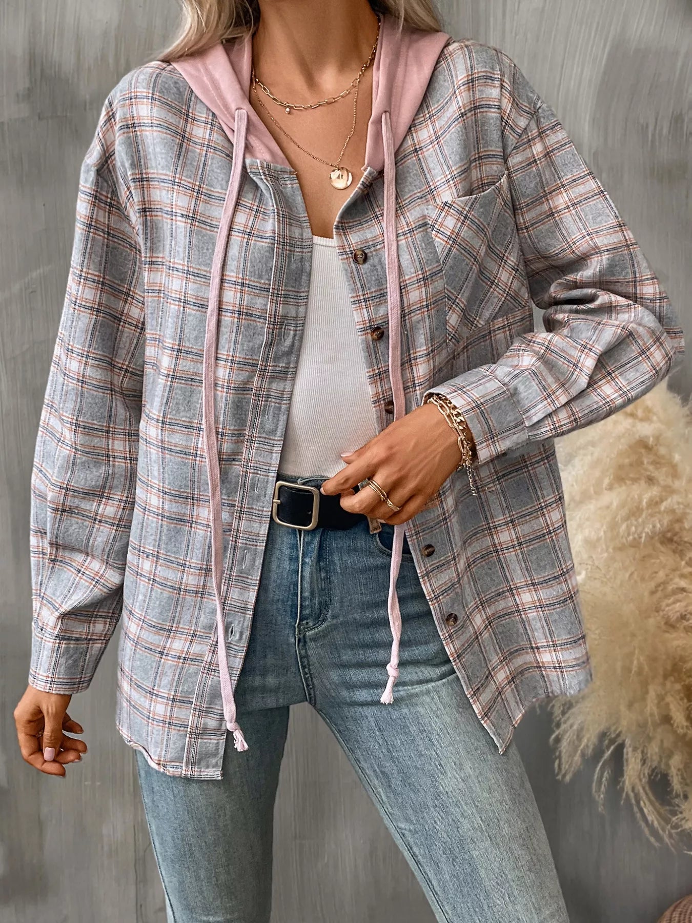 Plaid Button-Up Hooded Shirt