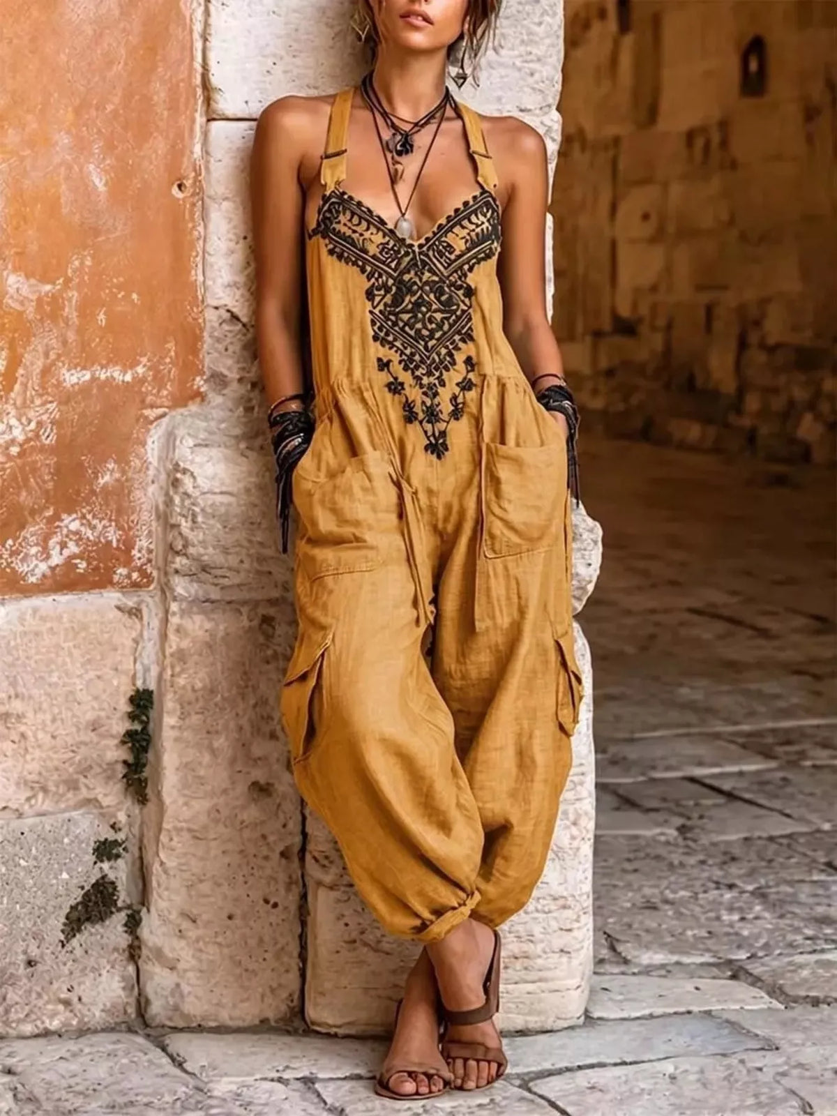Embroidered Sleeveless Jumpsuit with Cargo Pockets