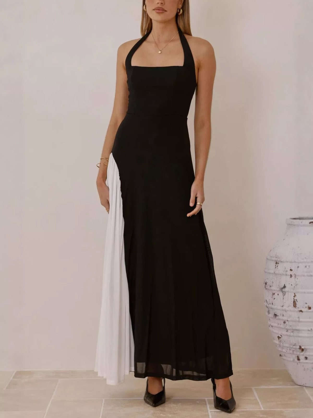 Ruched Halter Maxi Dress in Black