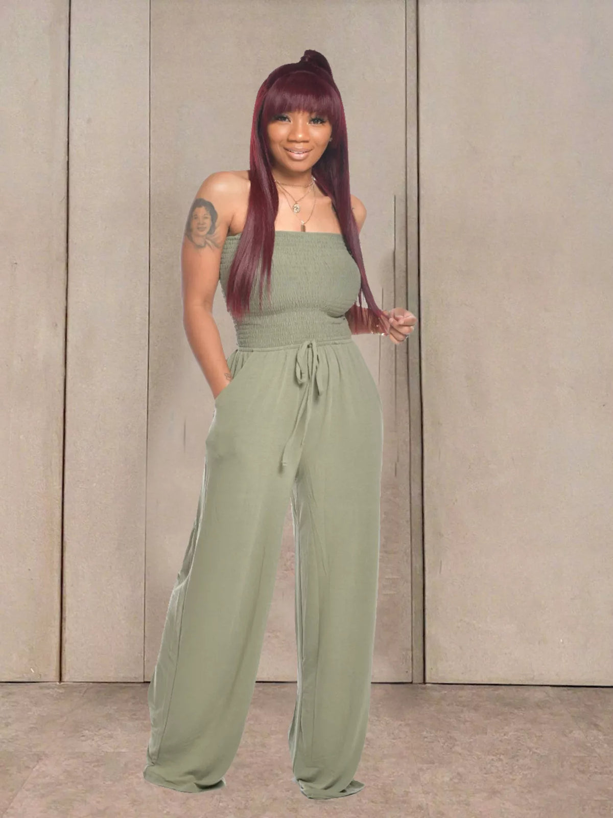Smocked Strapless Wide-Leg Jumpsuit