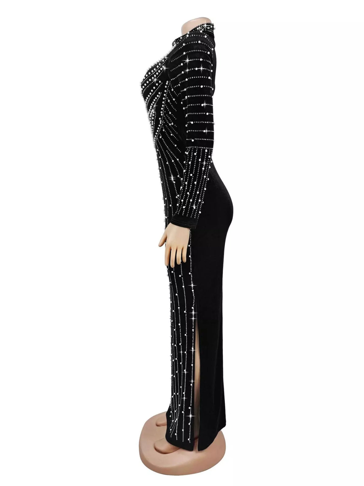 Rhinestone Mock Neck Long Sleeve Maxi Dress