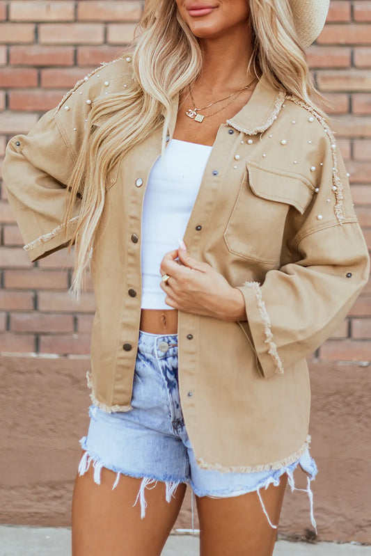 Raw Hem Pearl-Trim Denim Jacket