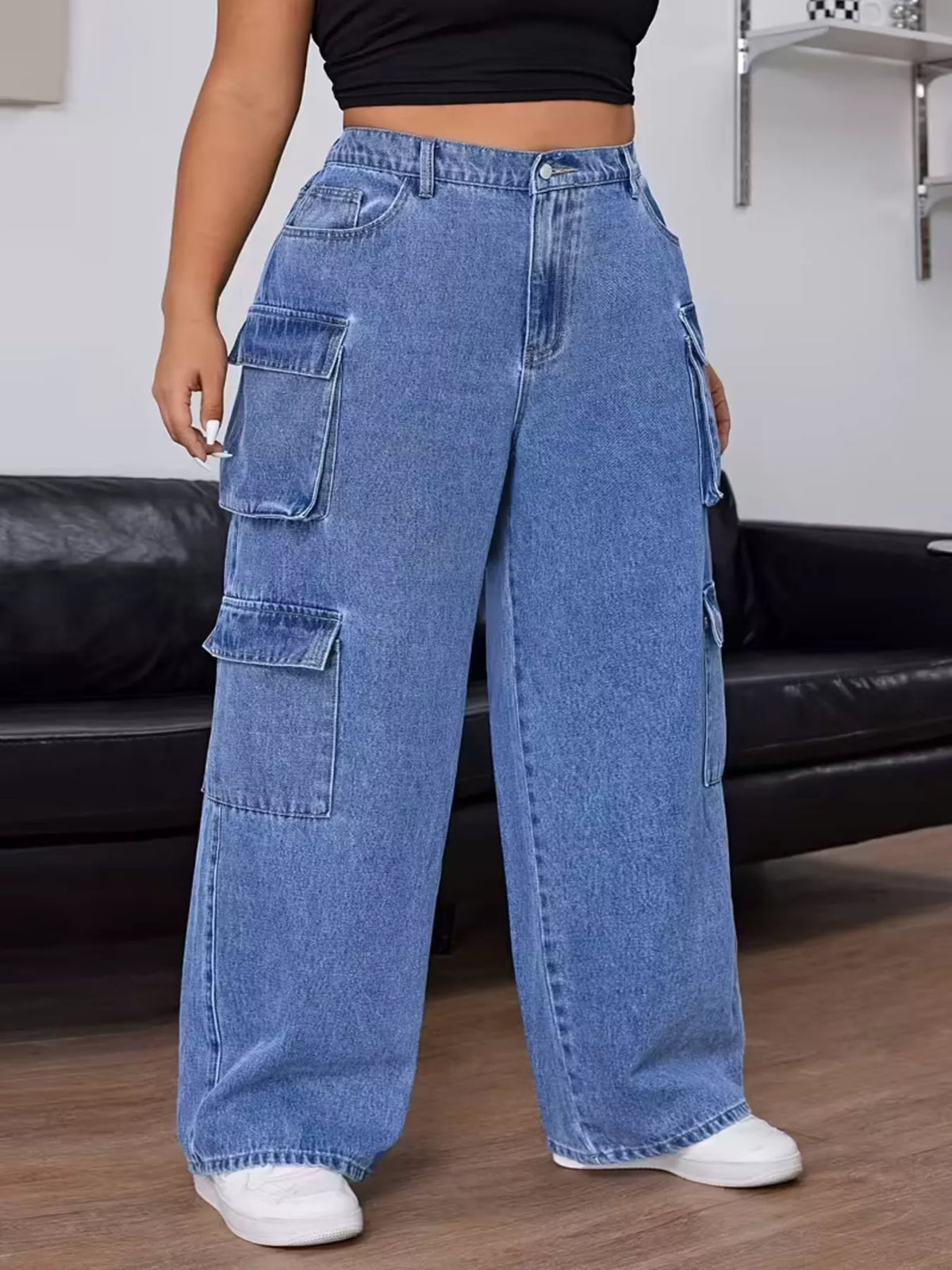 Plus Size High-Waisted Wide-Leg Cargo Jeans