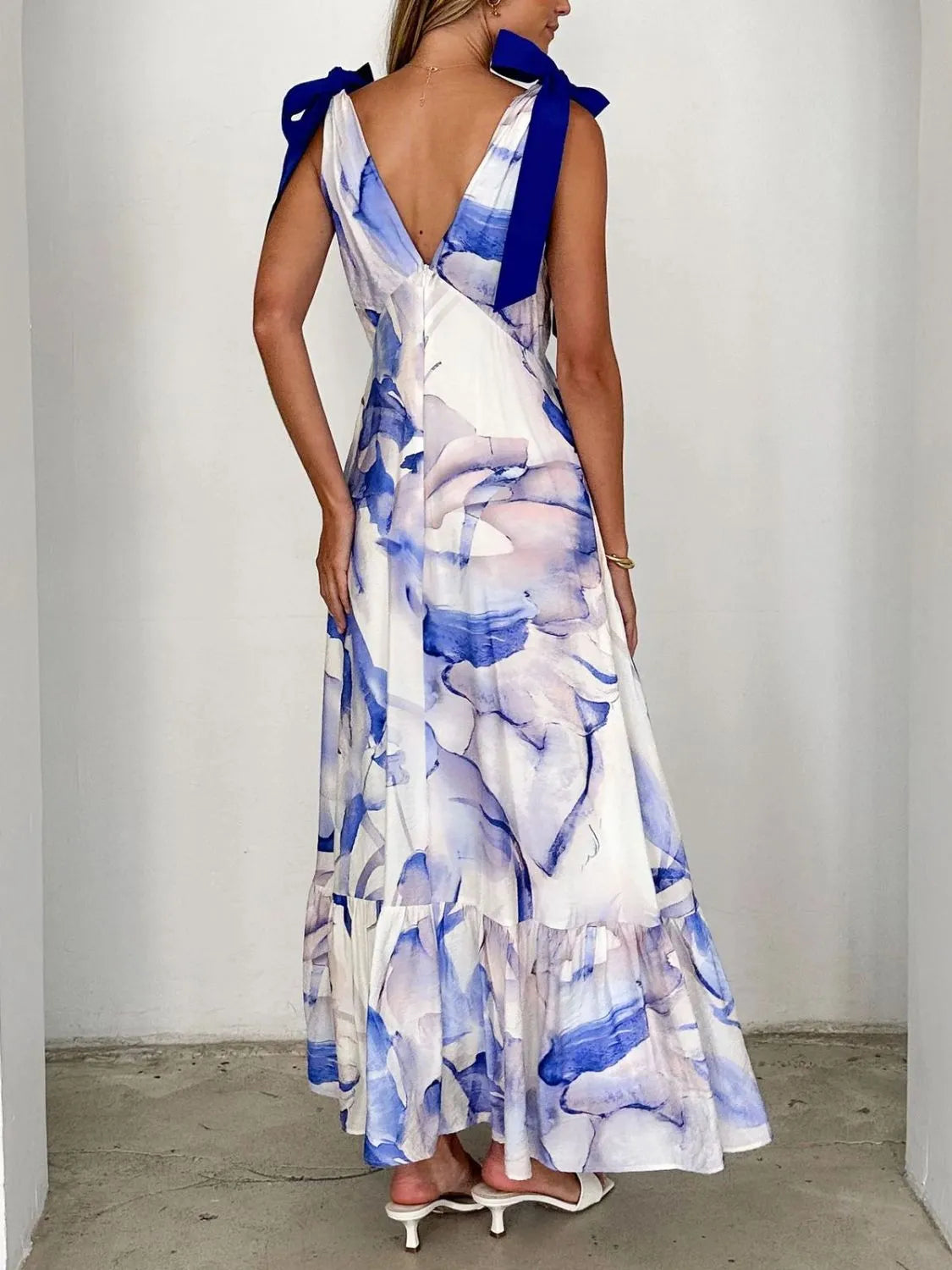 Printed Tie-Shoulder Ruched V-Neck Midi Dress