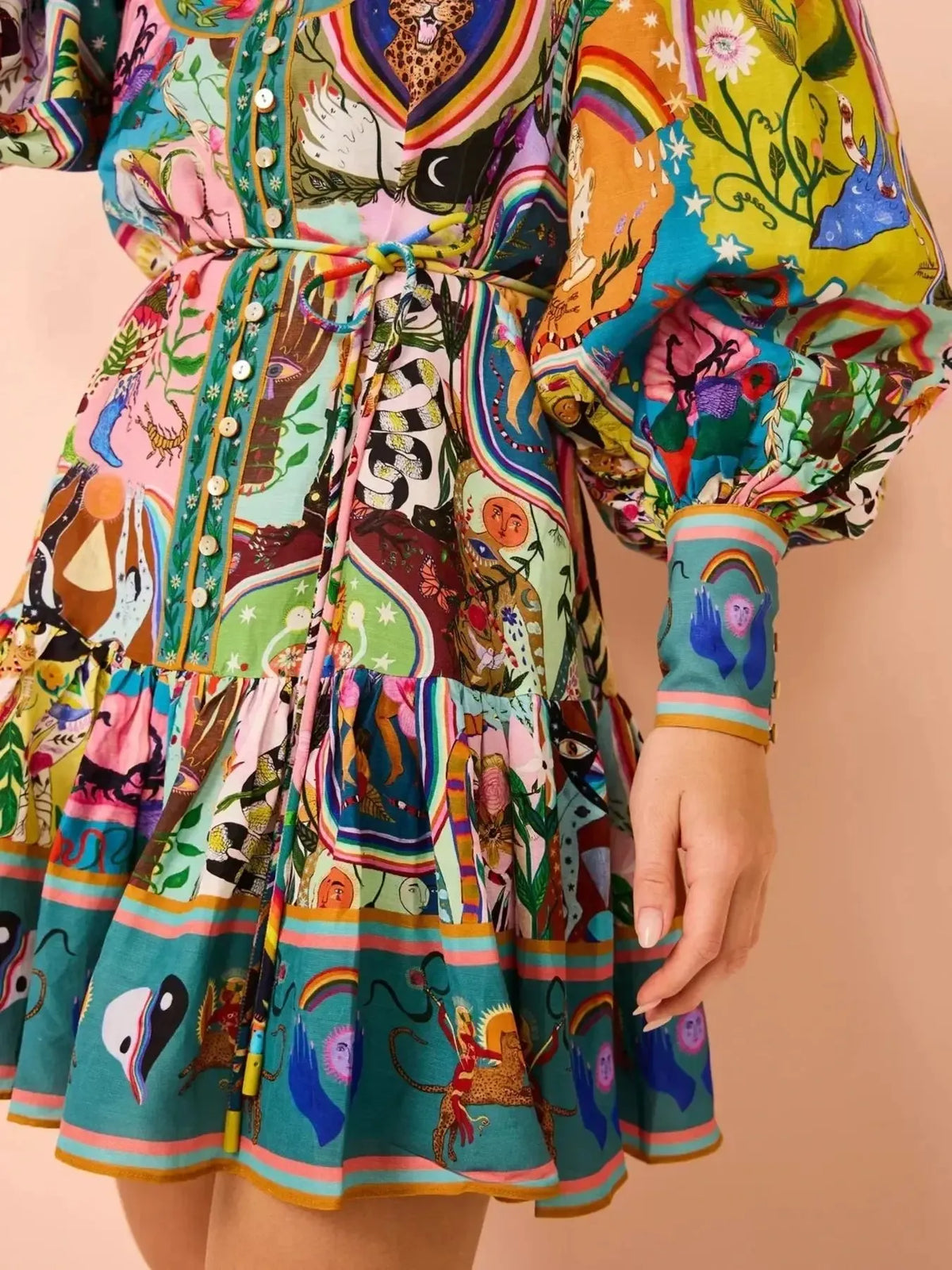 Printed Long Sleeve Mini Dress in Multicolor