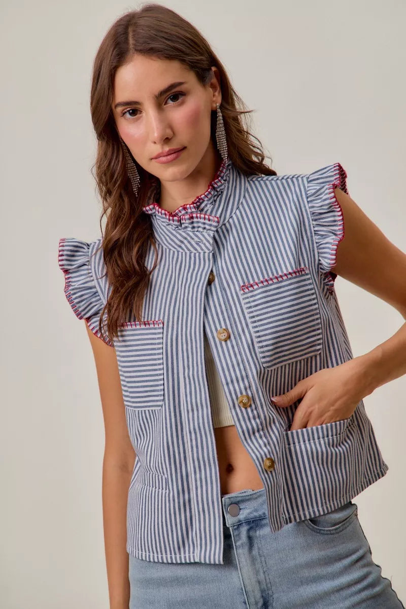 So Me Striped Ruffled Vest Top in Blue and Red in Blue/Red