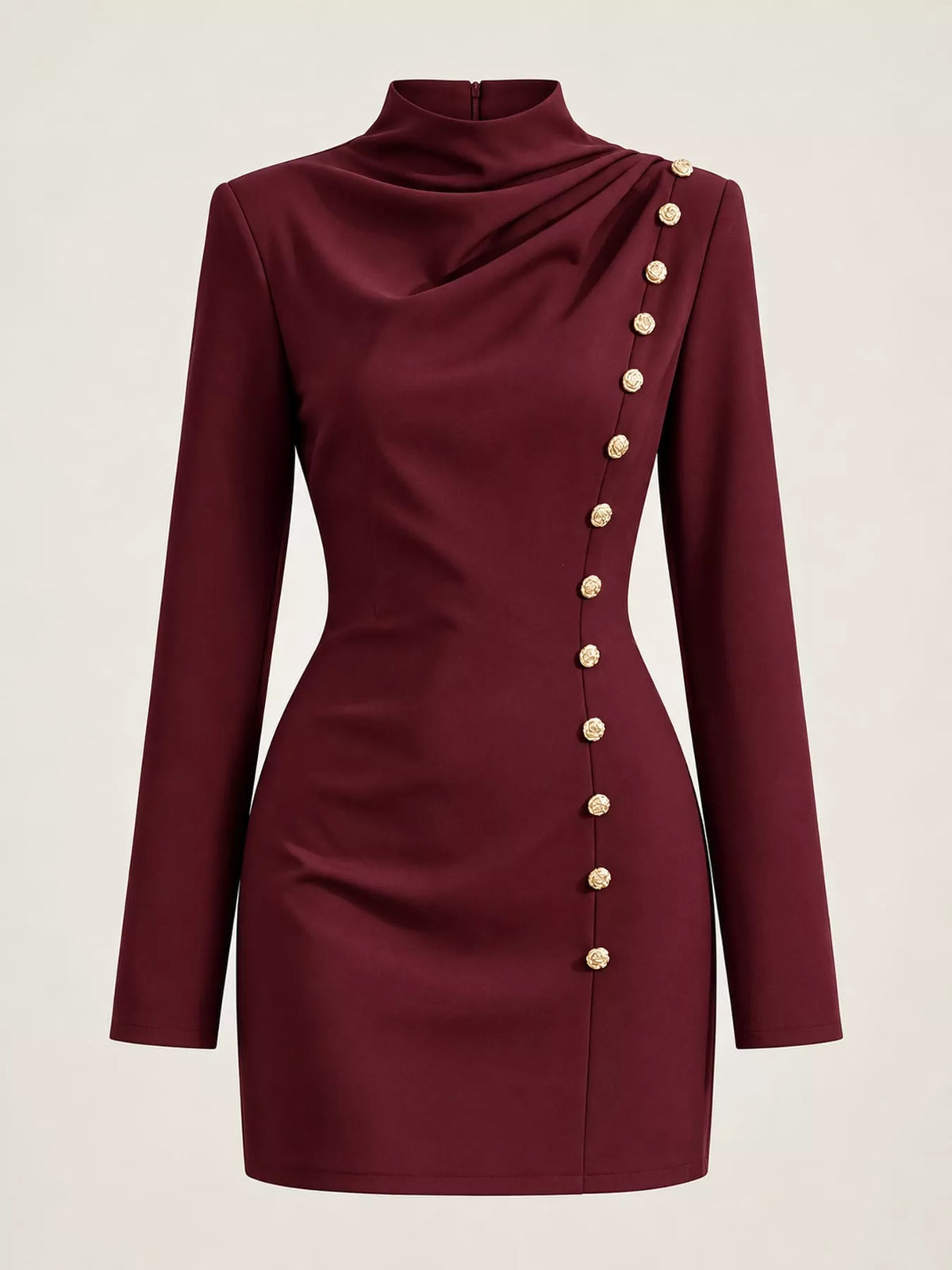 Decorative Button Mock Neck Mini Dress