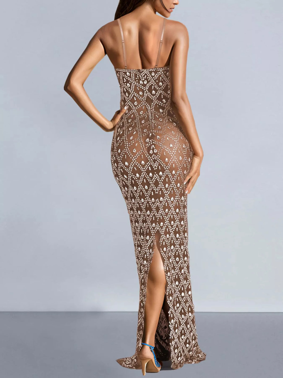 Rhinestone Embellished Sheer Mesh Maxi Dress