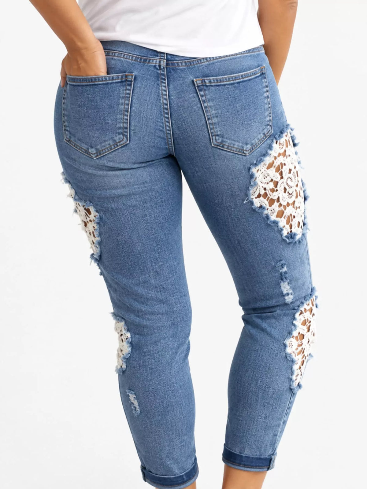 Distressed Lace Skinny Jeans in Blue