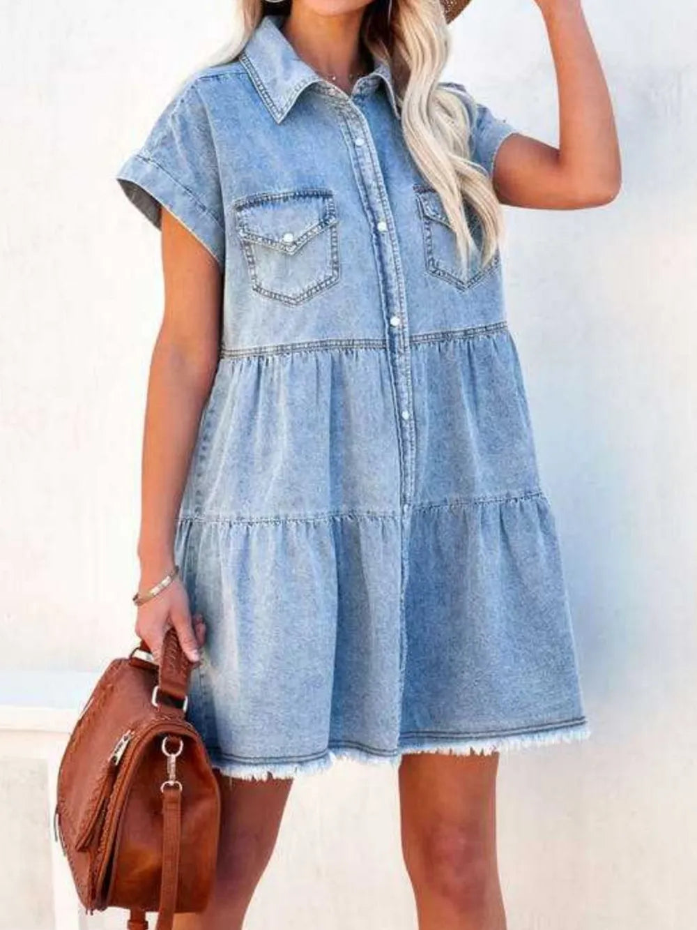 Raw-Hem Short-Sleeve Denim Dress in Light Blue by Y.Y@Denim