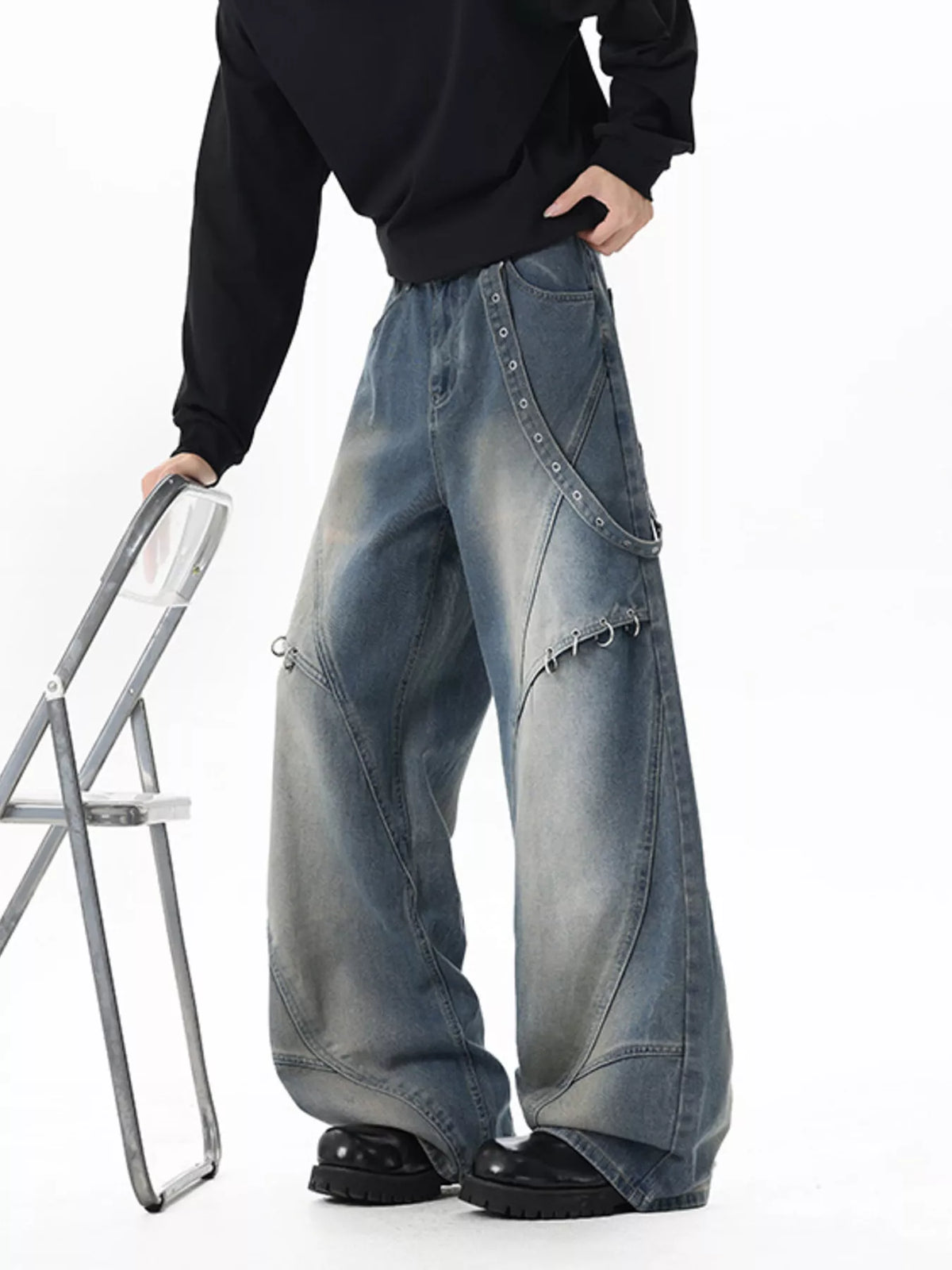 Belted Wide Leg Jeans with Chain Detail