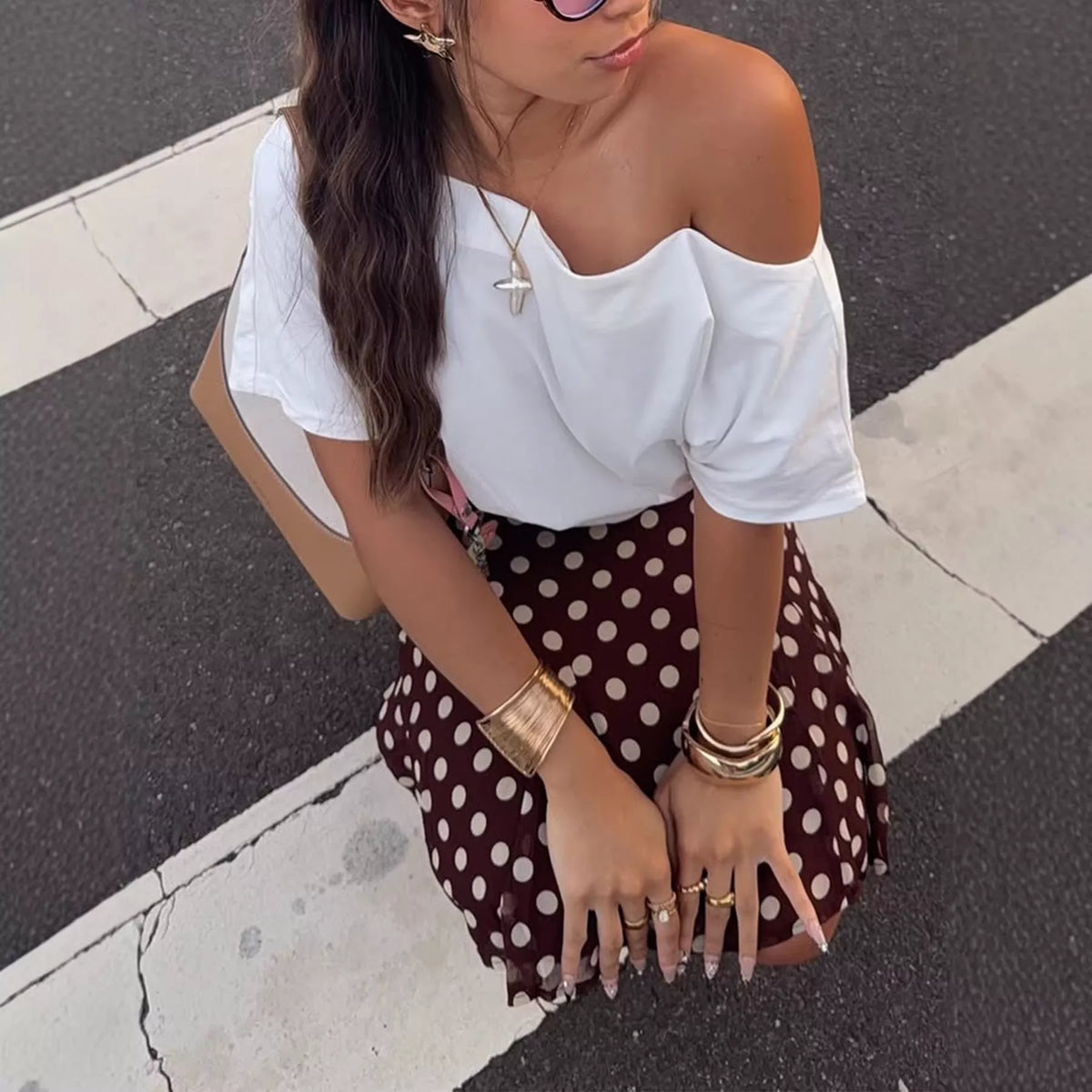 Polka Dot Bow Midi Skirt in Dark Brown