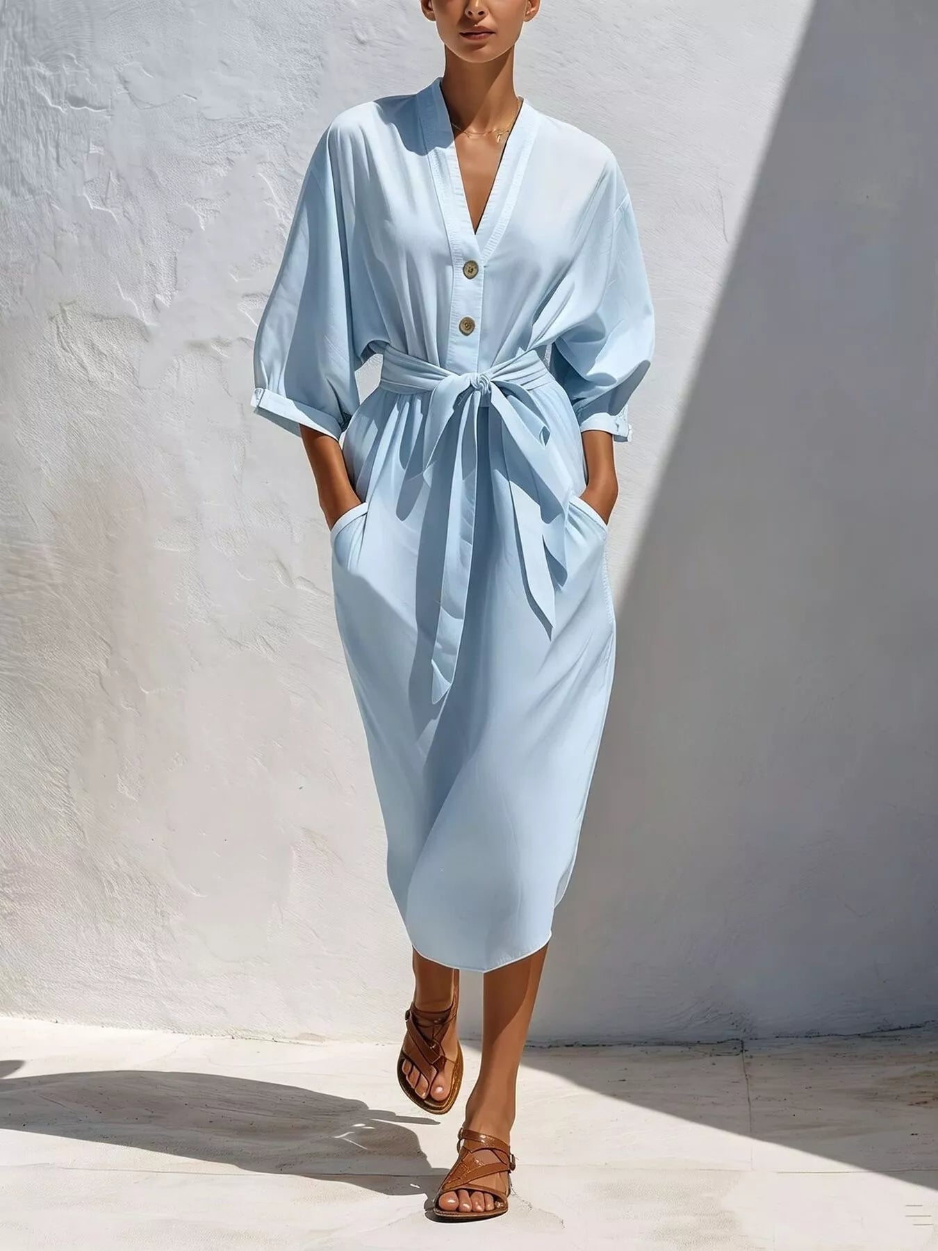 Tie-Waist V-Neck Button Midi Dress