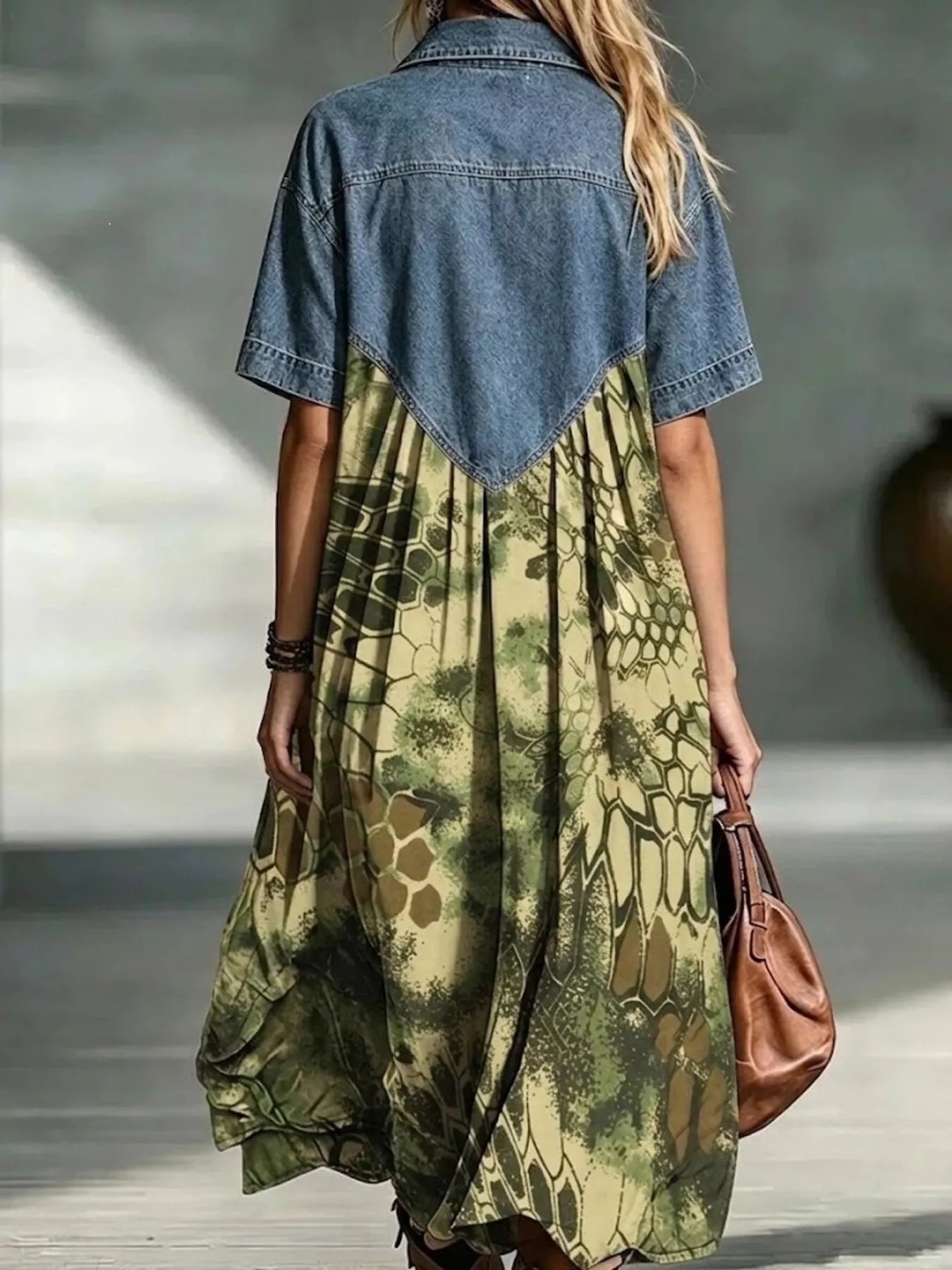 Denim Patchwork Print Shirt Dress