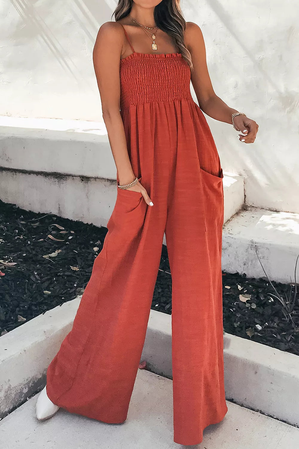 Smocked Spaghetti-Strap Wide-Leg Jumpsuit