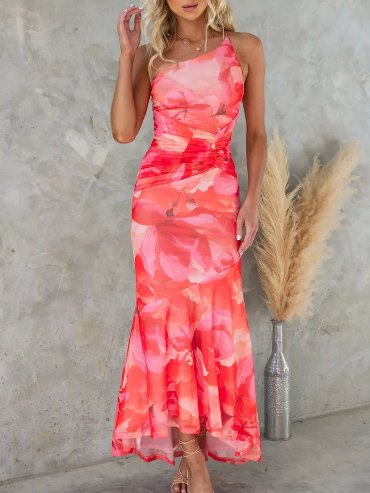 Floral One-Shoulder Ruched Maxi Dress