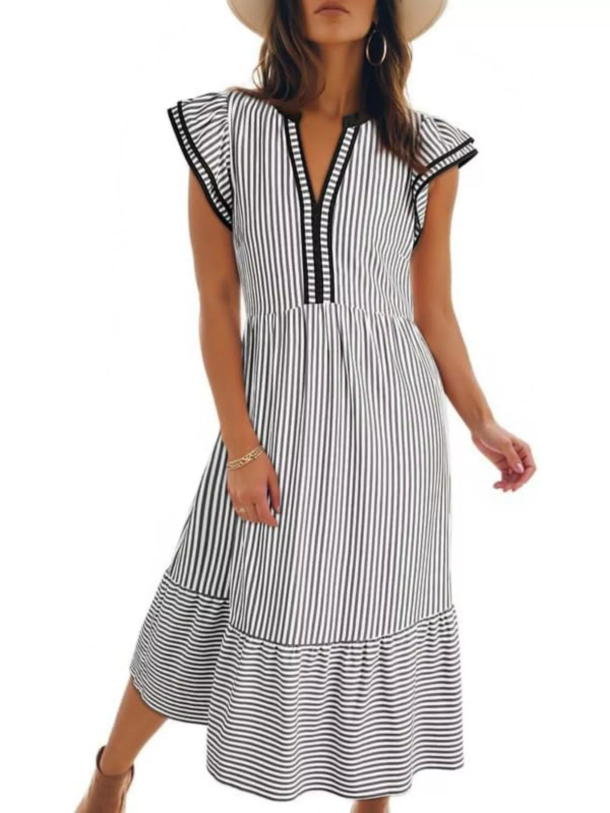 Striped Ruffle Sleeve Midi Dress with Pockets