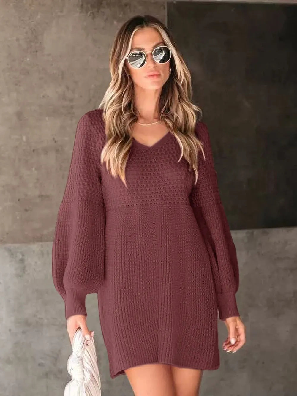 V-Neck Long Sleeve Sweater Dress in Burgundy