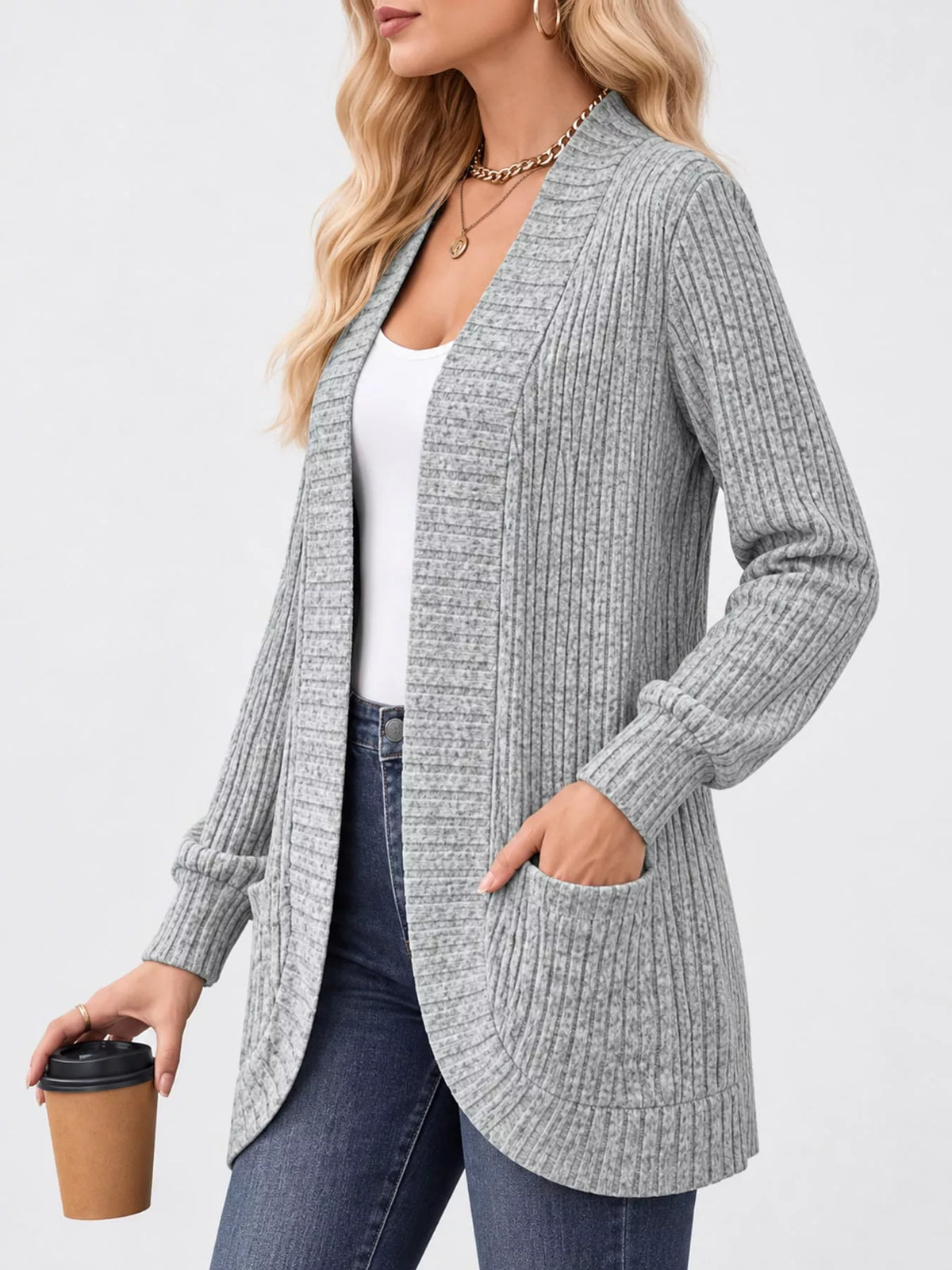 Ribbed Open-Front Longline Cardigan