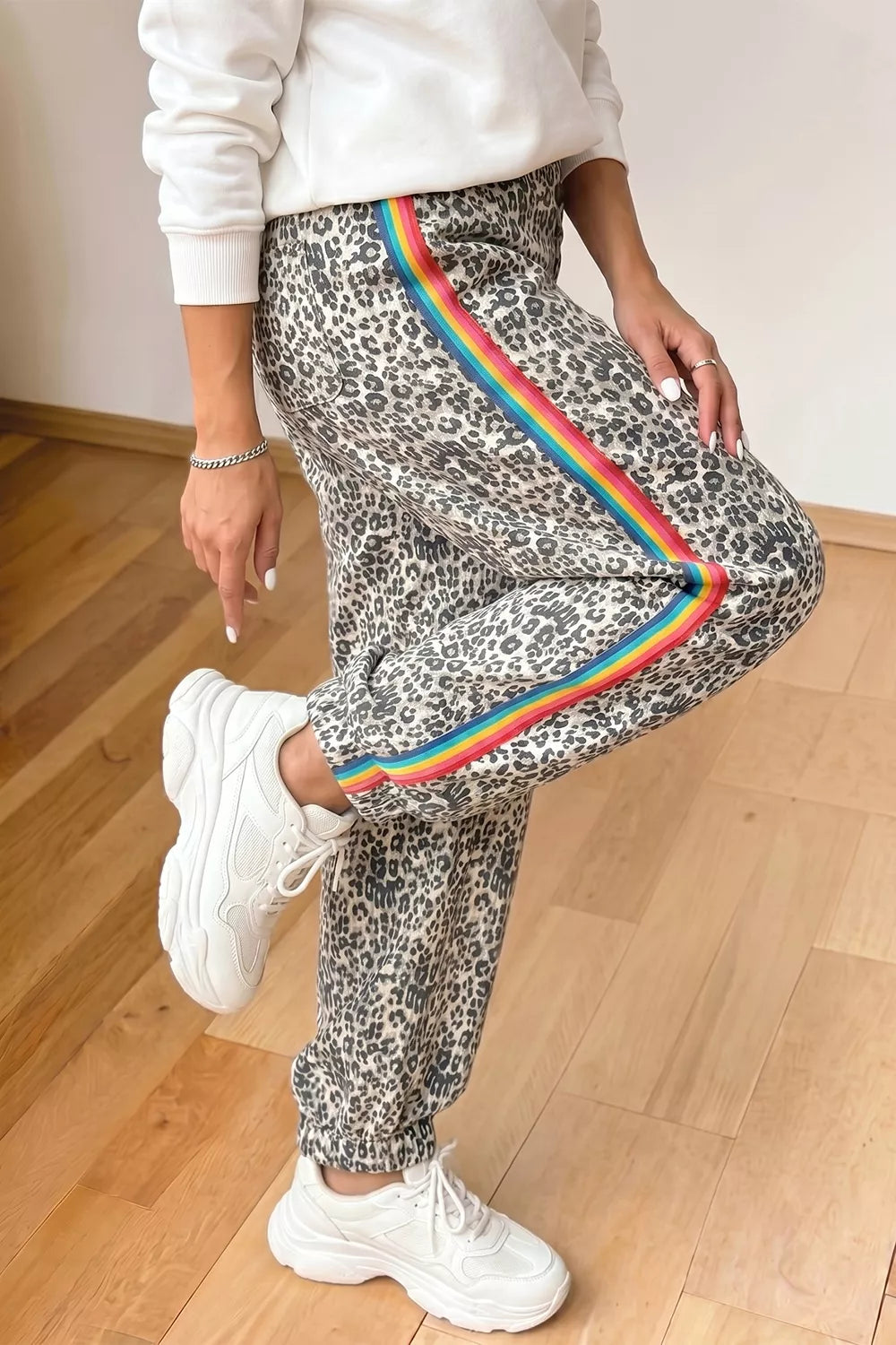 Rainbow Striped Jogger Jeans in Leopard