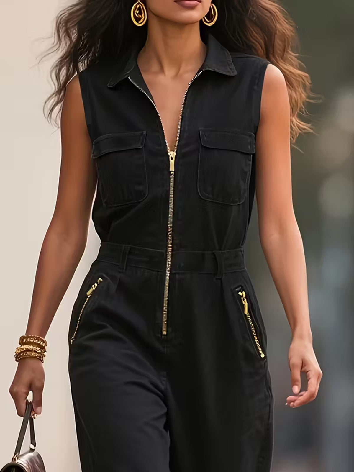 Sleeveless Zip-Up Jumpsuit with Pockets