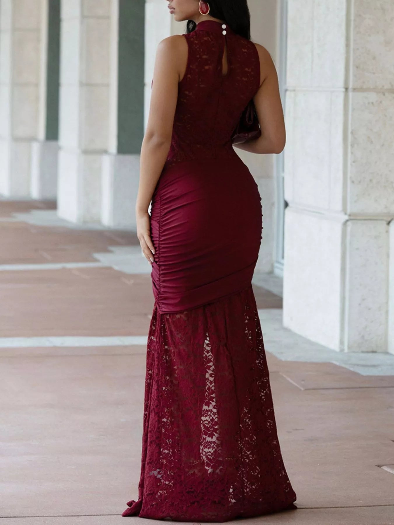 Lace Keyhole High-Slit Maxi Dress