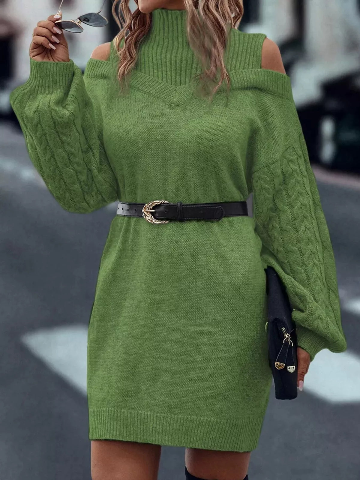Cable-Knit Cold-Shoulder Mock-Neck Sweater Dress