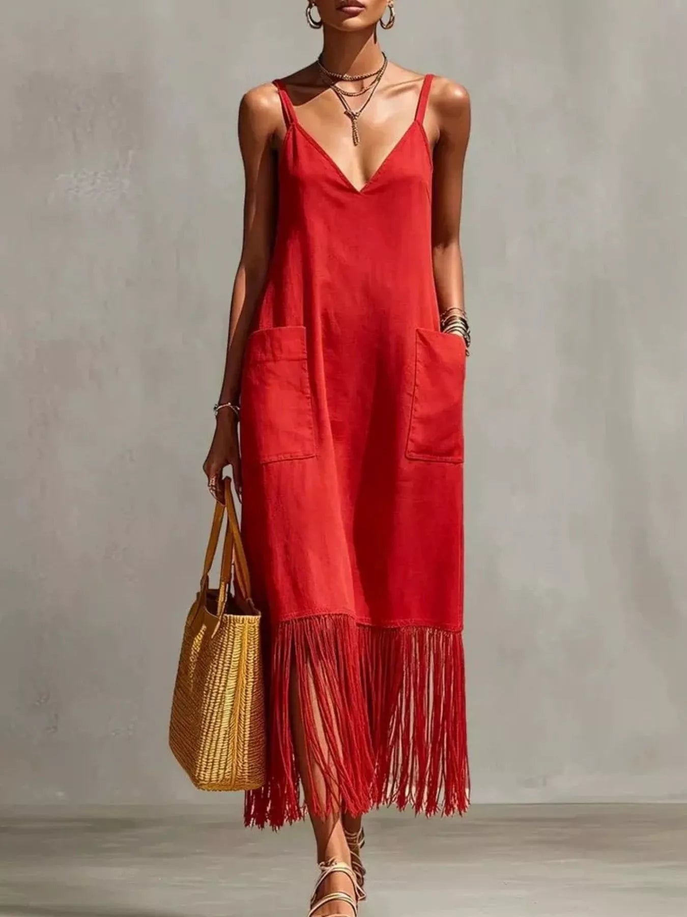 Fringe V-Neck Spaghetti Strap Dress