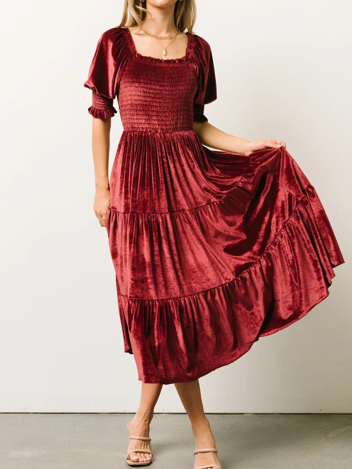 Smocked Half-Sleeve Tiered Midi Dress