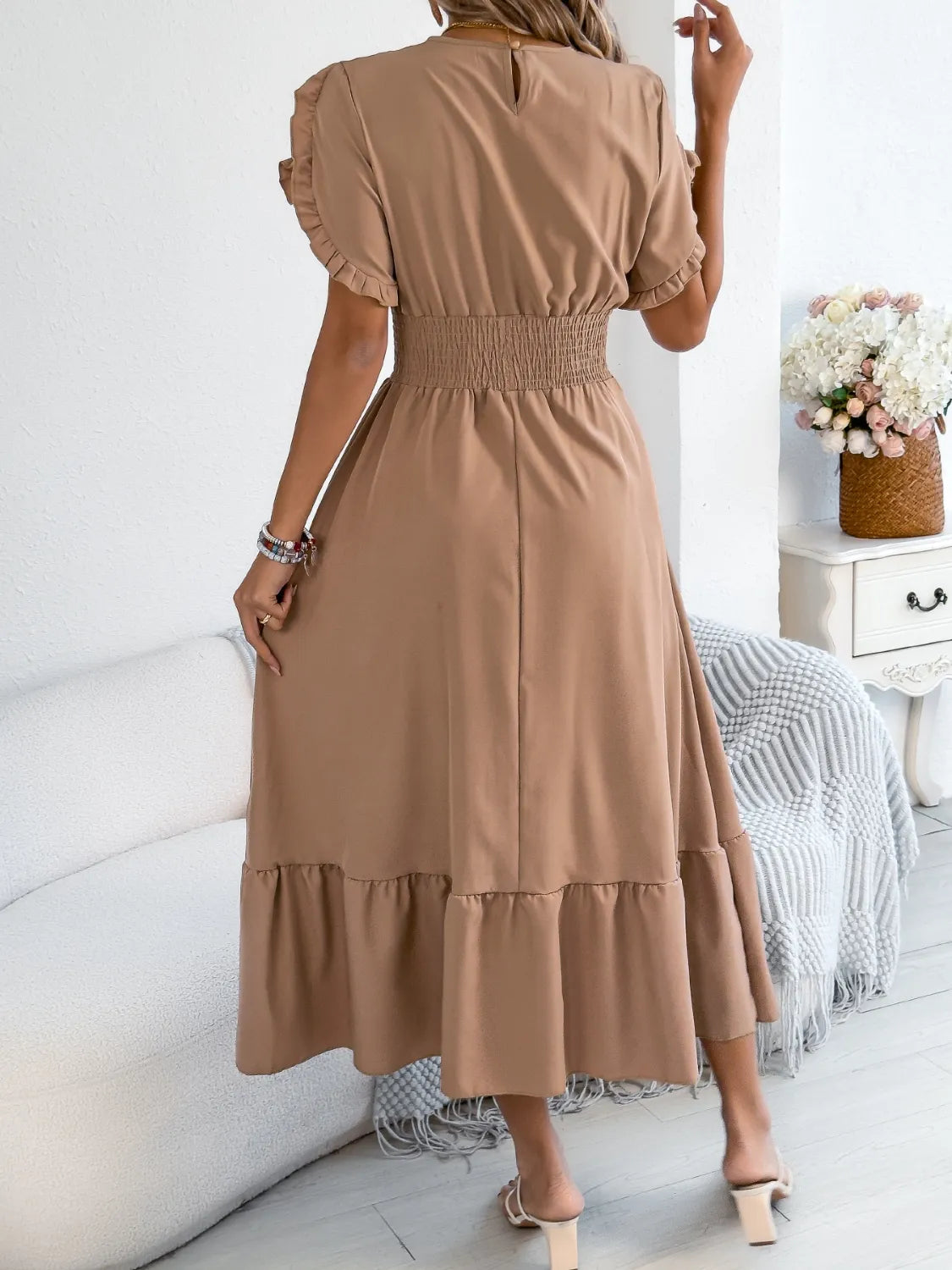 Smocked Frill Round Neck Midi Dress