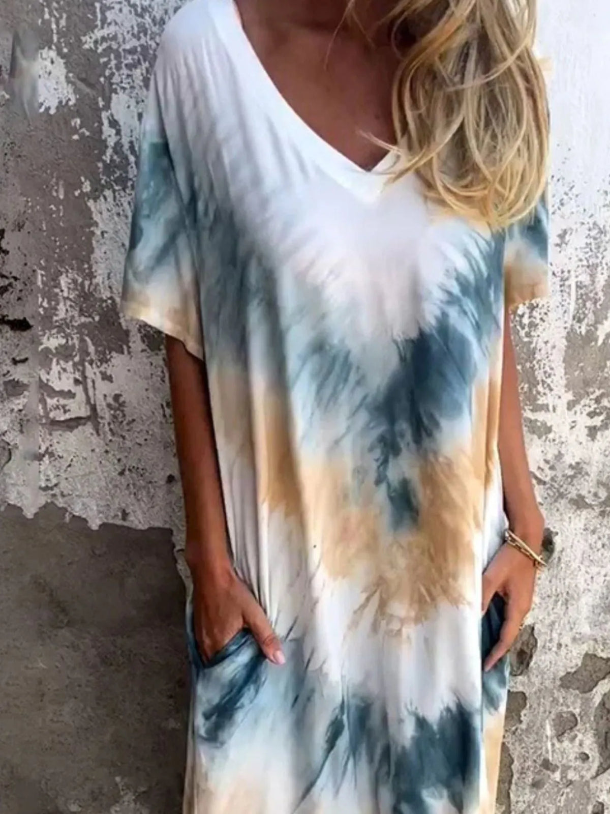 Tie-Dye V-Neck Midi Dress with Pockets