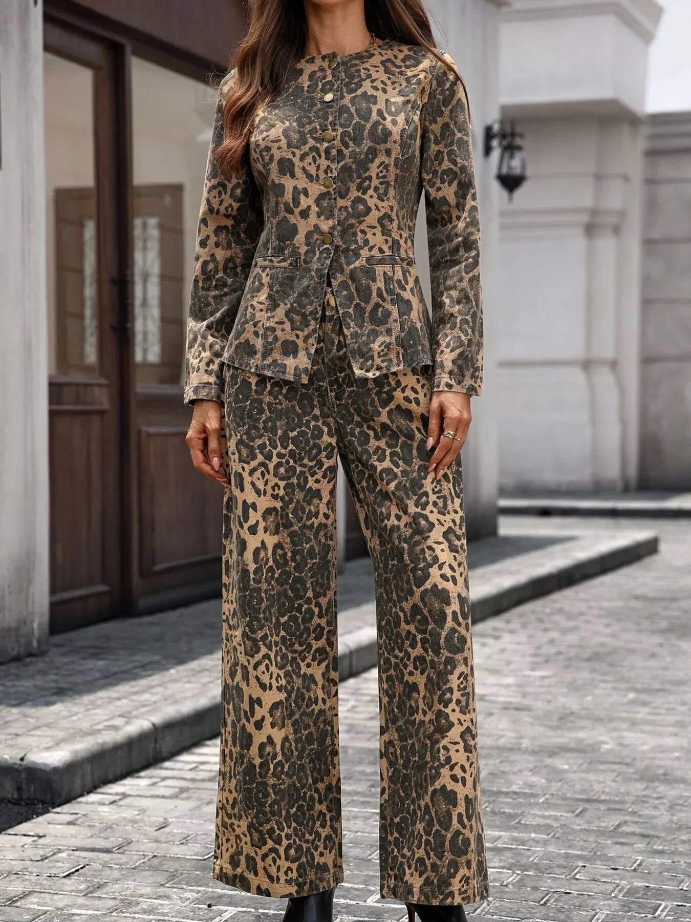 Button-Up Long Sleeve Top and Jeans Denim Set by Moni Wear