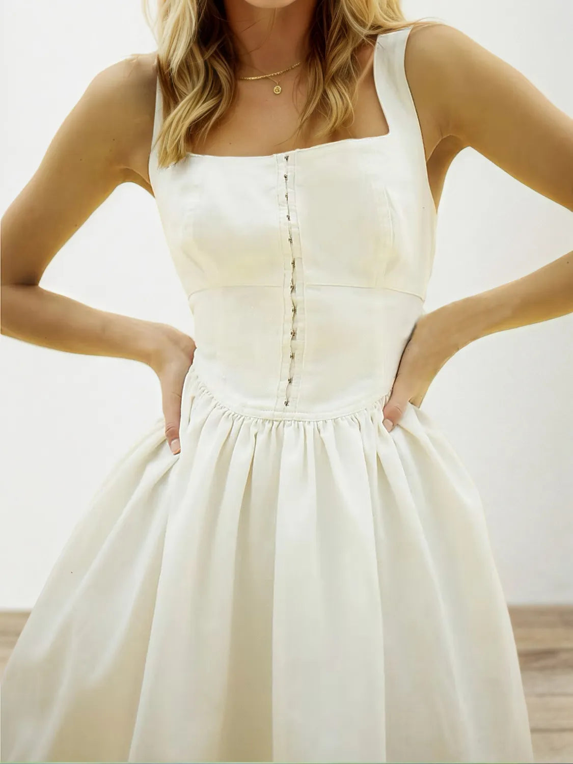 Square Neck Wide Strap Mini Dress in Ivory