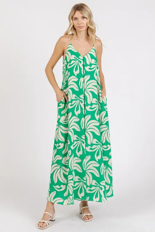 Printed V-Neck Cami Maxi Dress in Kelly Green by Mittoshop