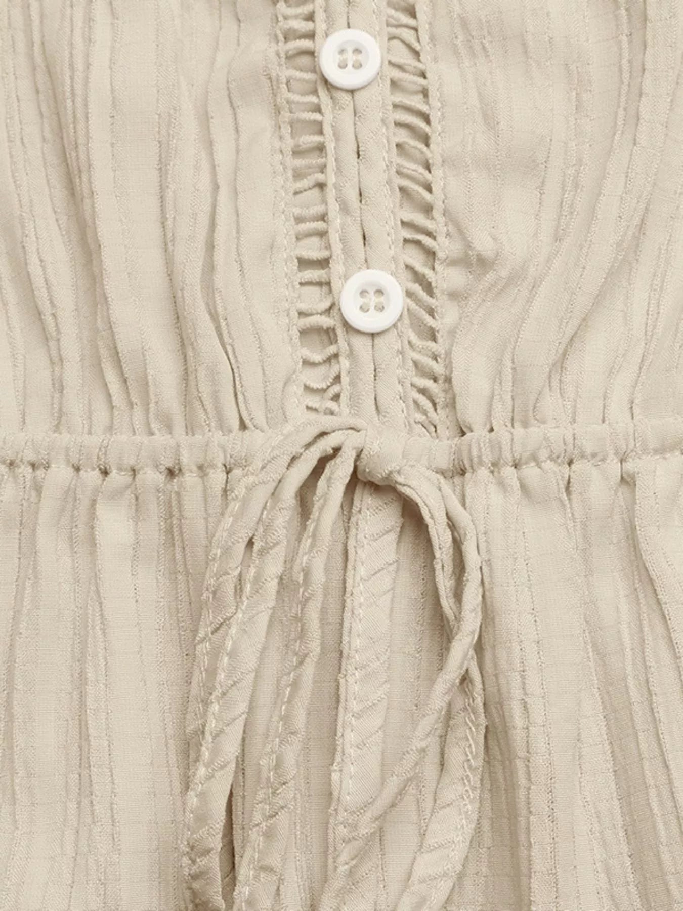 V-Neck Drawstring Waist Wide Leg Jumpsuit in Apricot