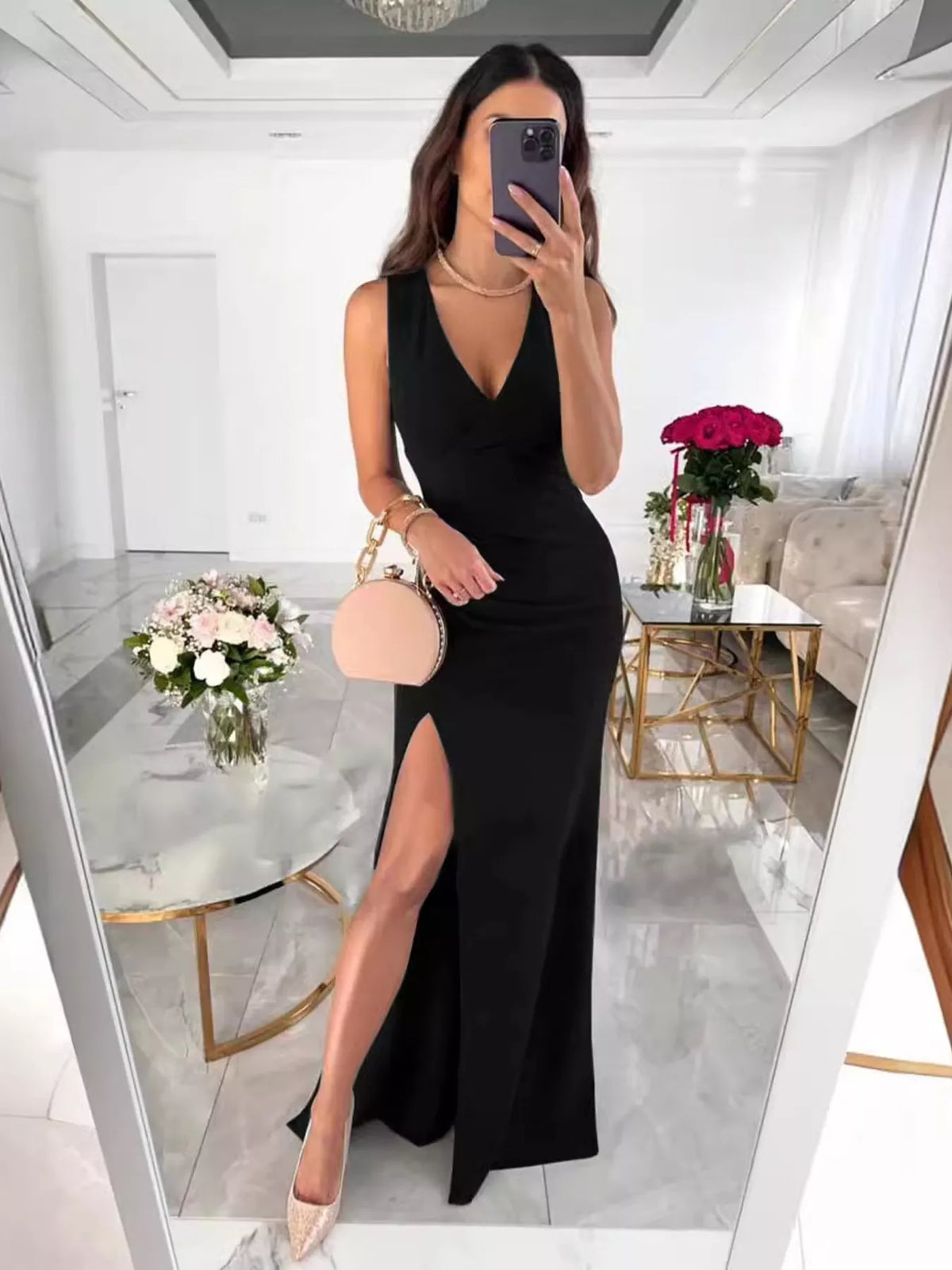 Sleeveless Ruched High Slit Maxi Dress