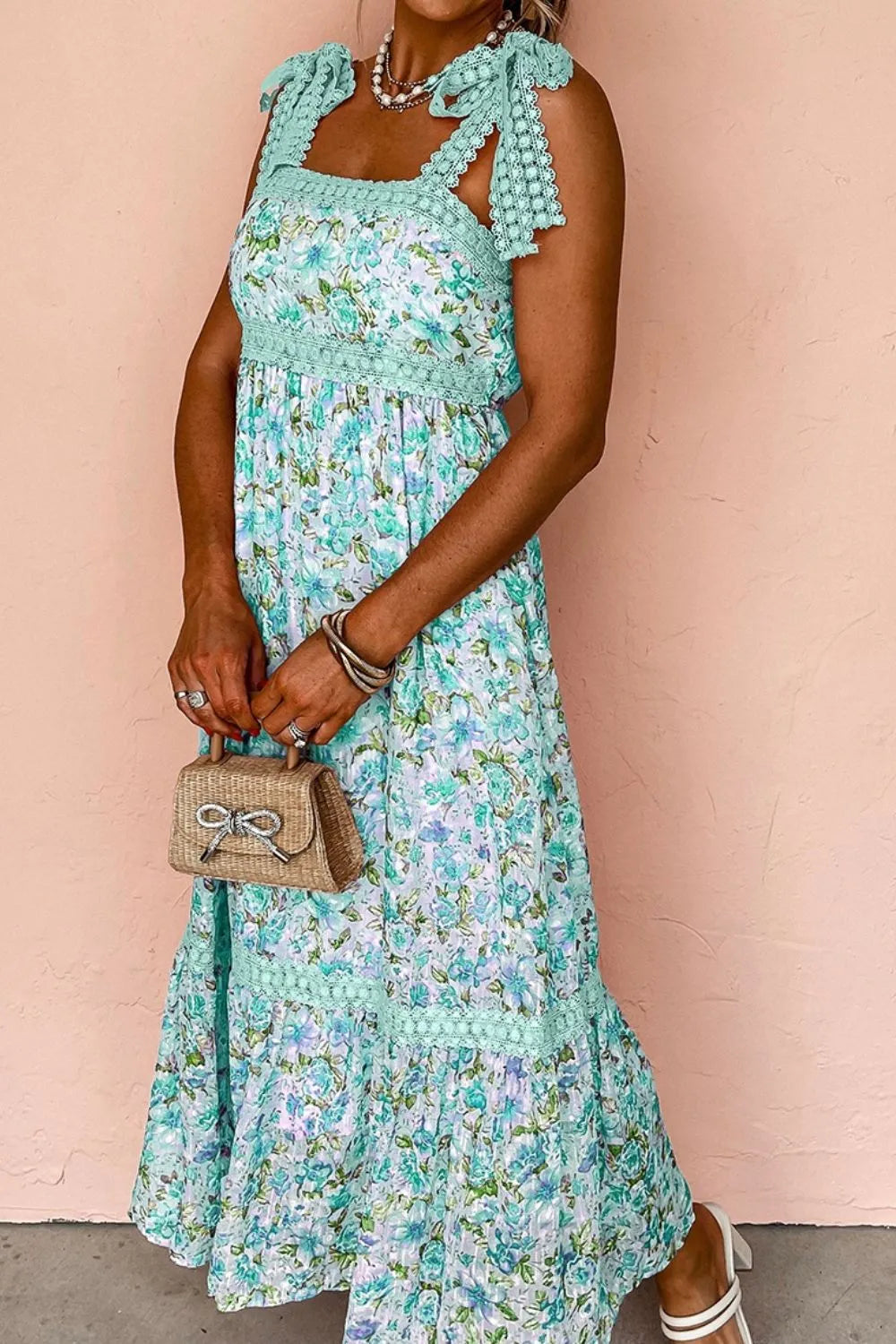 Lace Detail Floral Dress in Turquoise