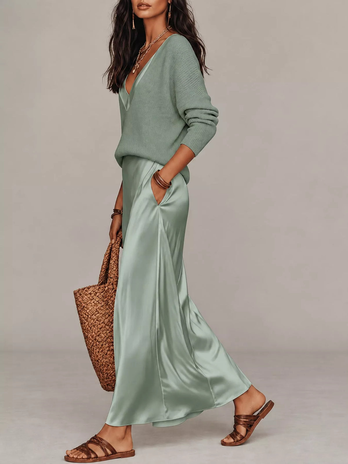 V-Neck Top and Satin Midi Skirt Set