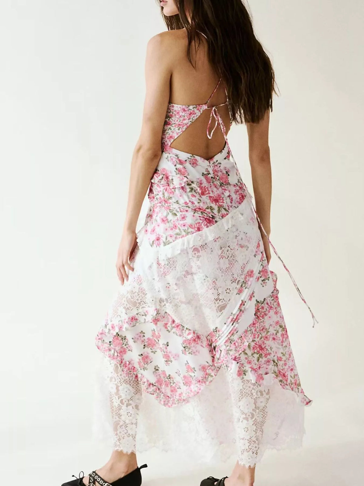 Lace Floral Ruffle Trim Maxi Dress